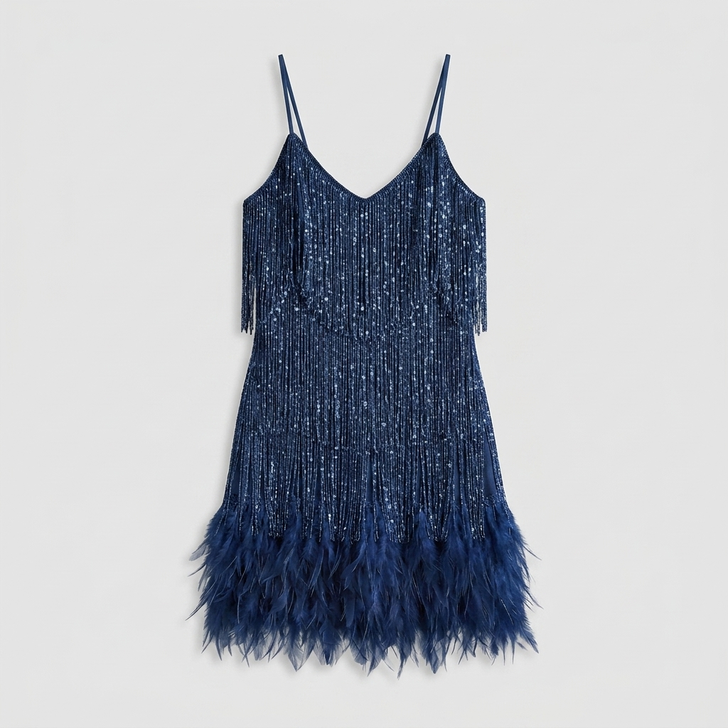 Robe Mini Franges et Plumes Bretelles Pour Femme