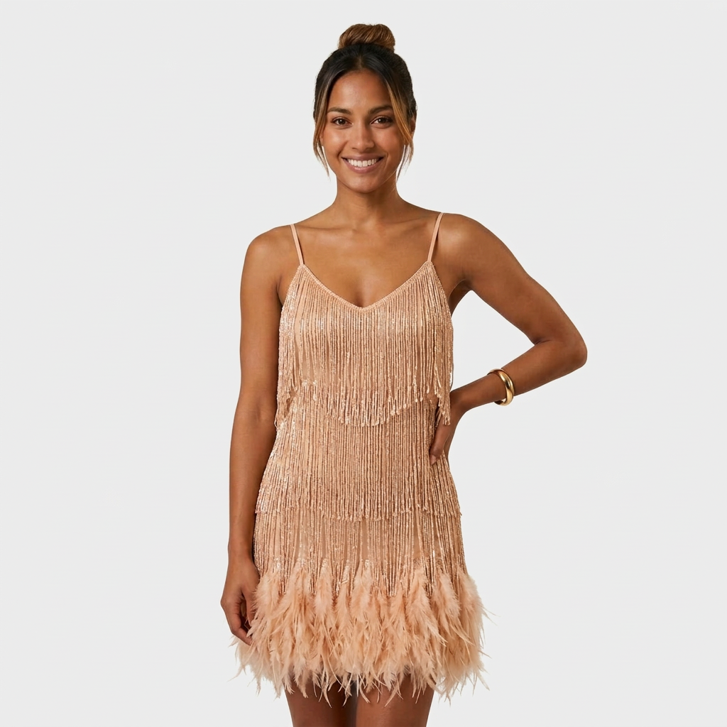 Robe Mini Franges et Plumes Bretelles Pour Femme