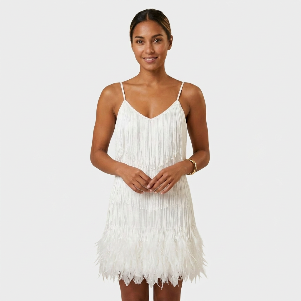 Robe Mini Franges et Plumes Bretelles Pour Femme