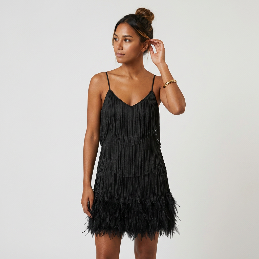 Robe Mini Franges et Plumes Bretelles Pour Femme