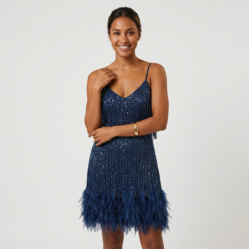 Robe Mini Franges et Plumes Bretelles Pour Femme