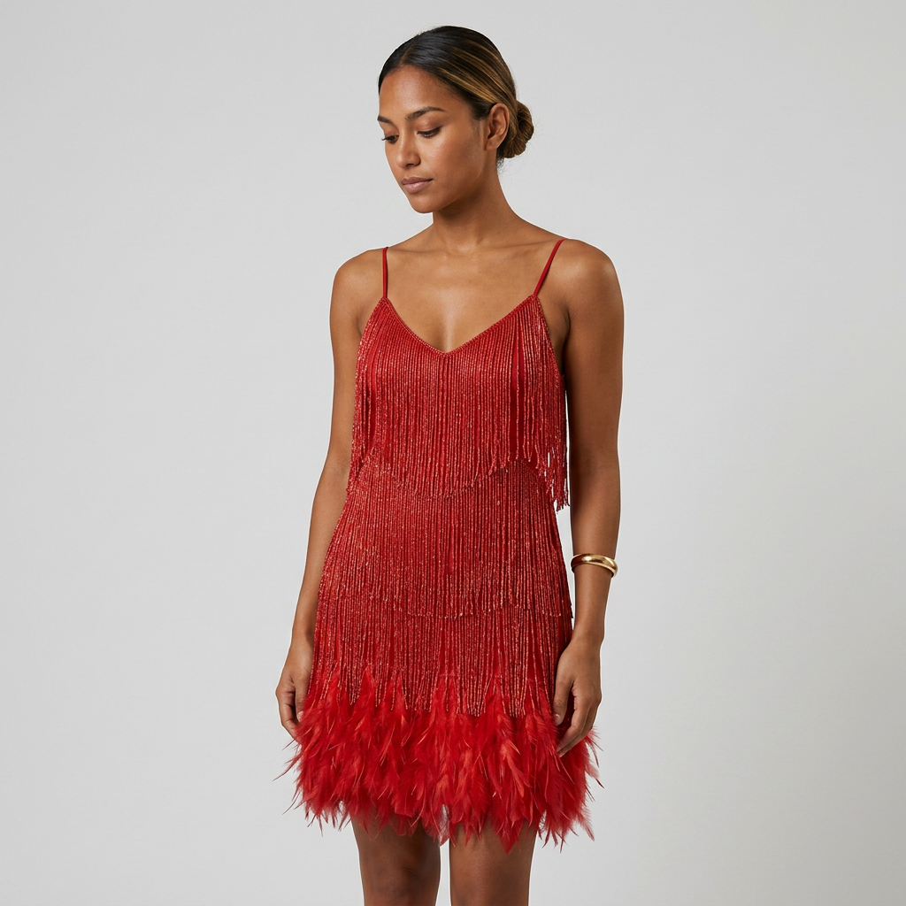 Robe Mini Franges et Plumes Bretelles Pour Femme