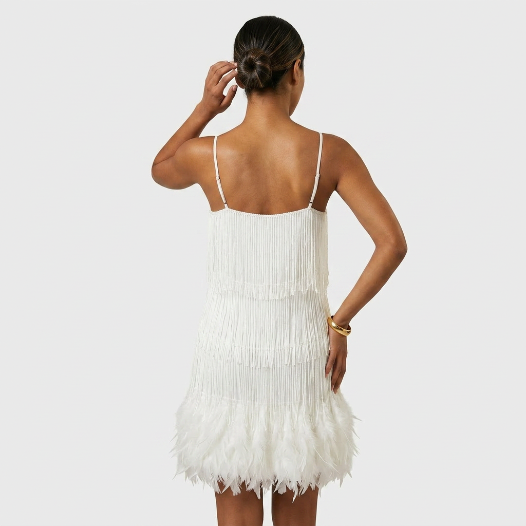 Robe Mini Franges et Plumes Bretelles Pour Femme