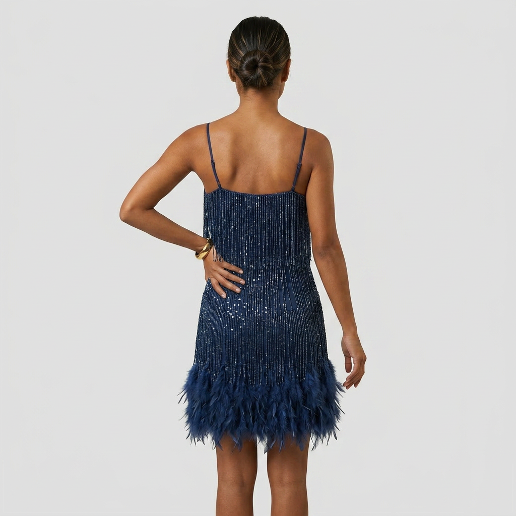 Robe Mini Franges et Plumes Bretelles Pour Femme