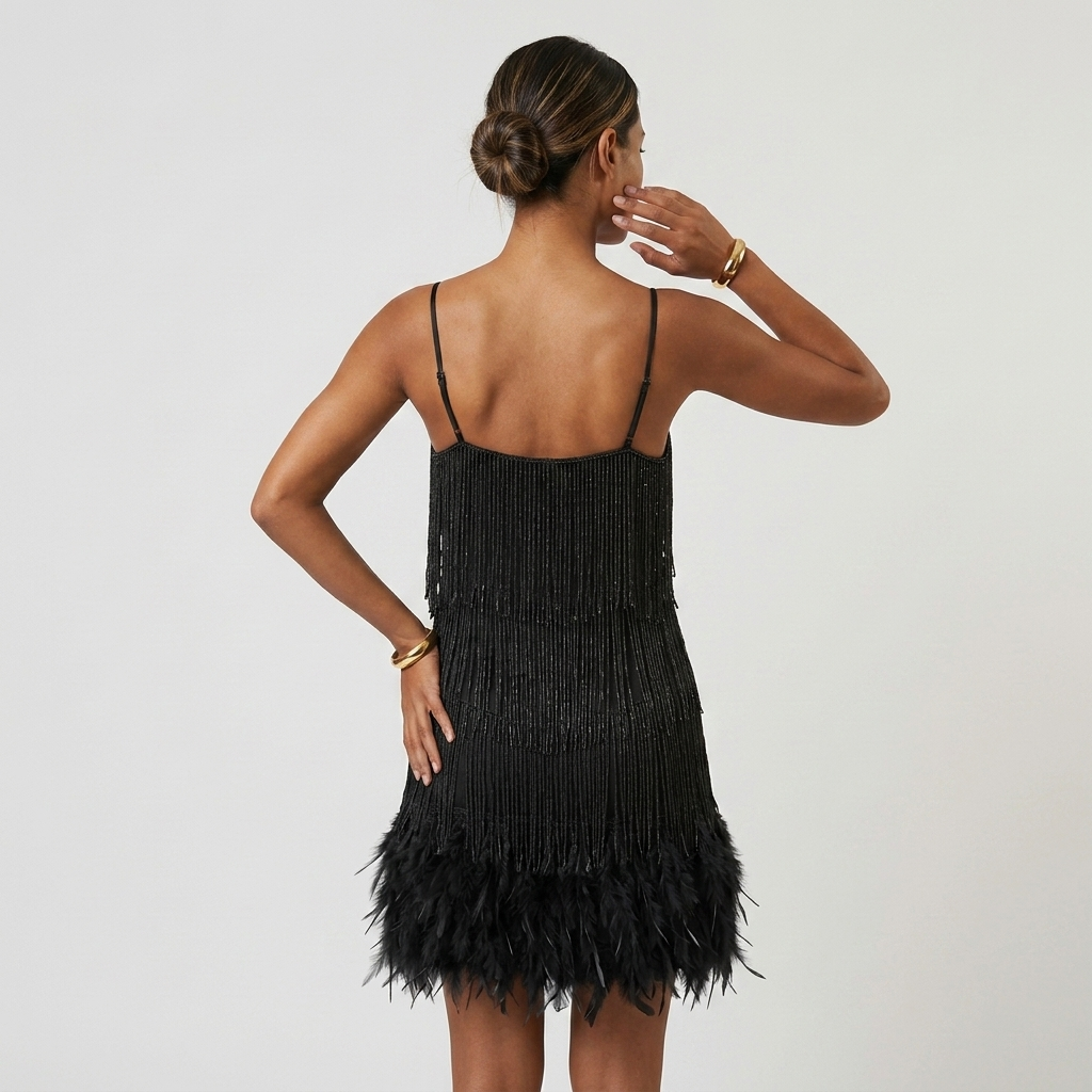 Robe Mini Franges et Plumes Bretelles Pour Femme