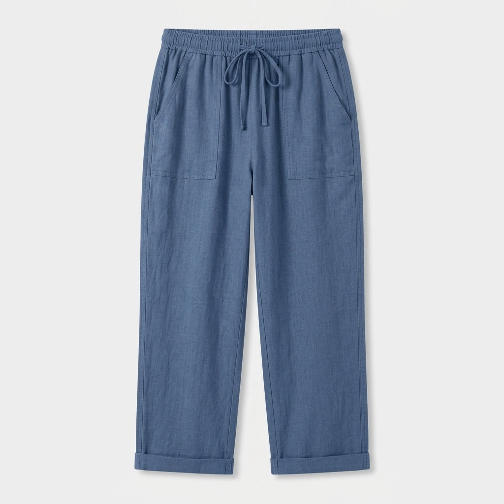 Pantalon Corsaire Lin Taille Élastiquée Poches Pour Femme