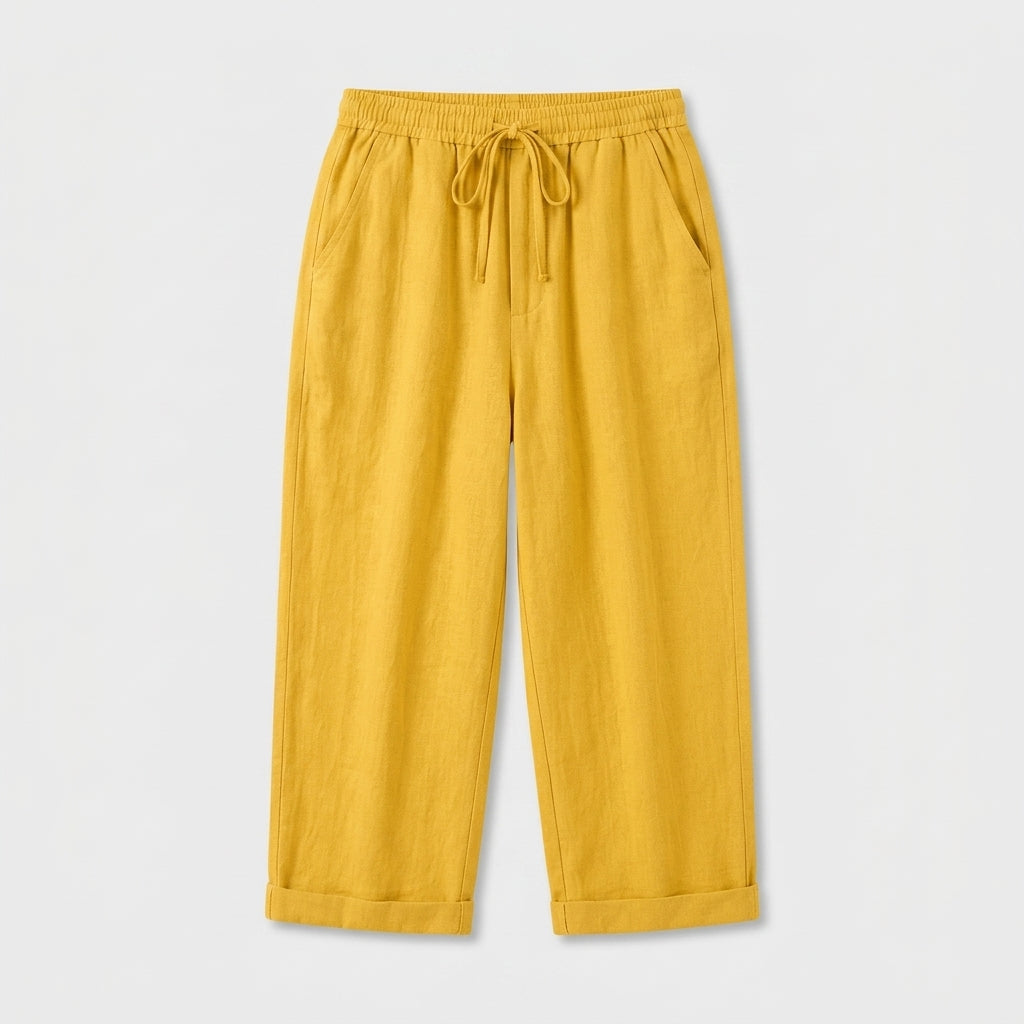 Pantalon Corsaire Lin Taille Élastiquée Poches Pour Femme