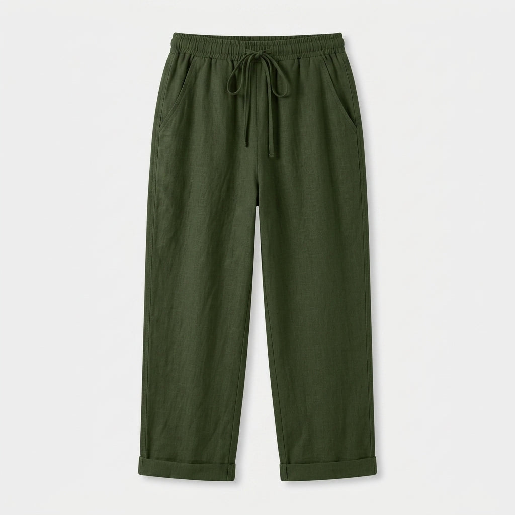 Pantalon Corsaire Lin Taille Élastiquée Poches Pour Femme