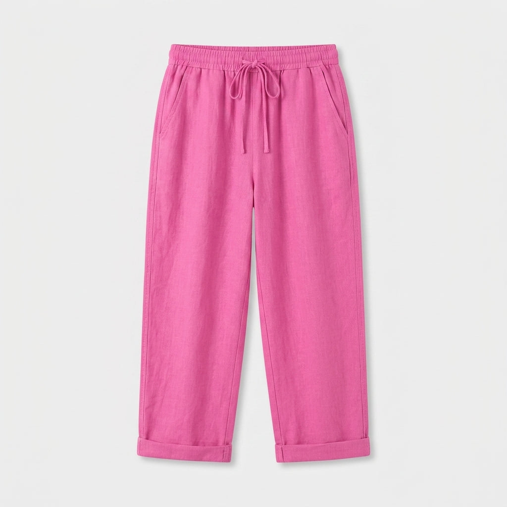 Pantalon Corsaire Lin Taille Élastiquée Poches Pour Femme