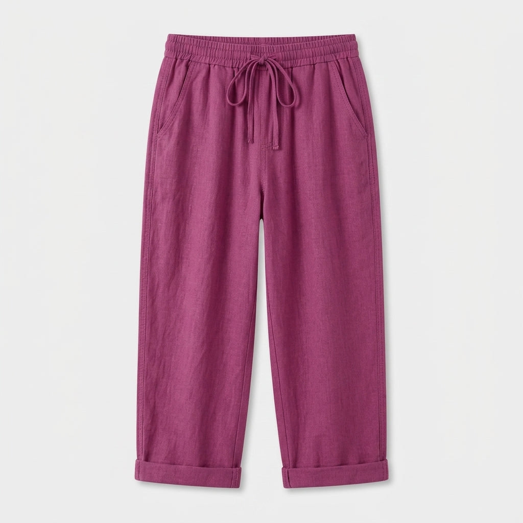 Pantalon Corsaire Lin Taille Élastiquée Poches Pour Femme
