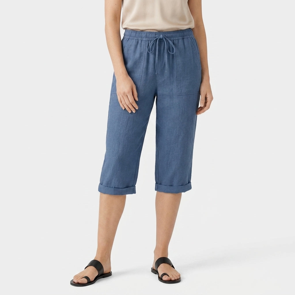 Pantalon Corsaire Lin Taille Élastiquée Poches Pour Femme