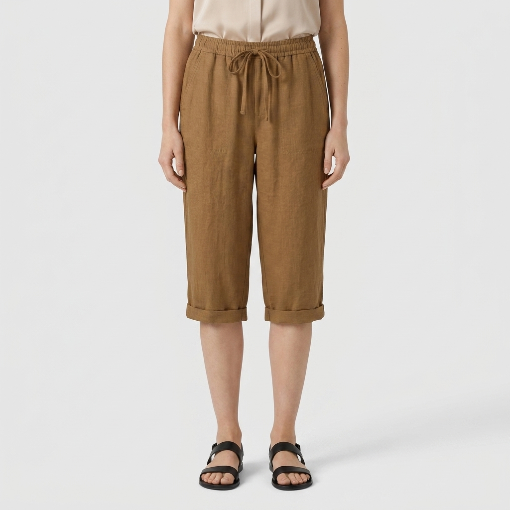 Pantalon Corsaire Lin Taille Élastiquée Poches Pour Femme