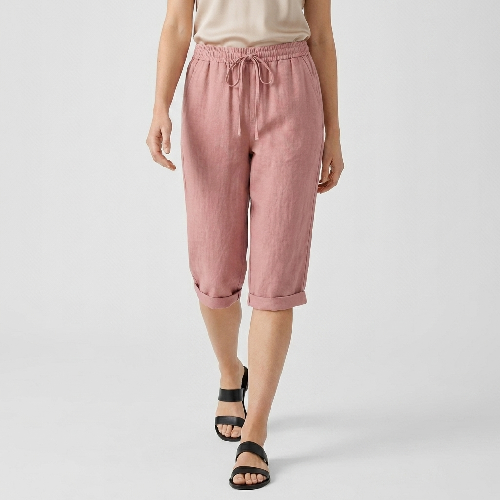 Pantalon Corsaire Lin Taille Élastiquée Poches Pour Femme
