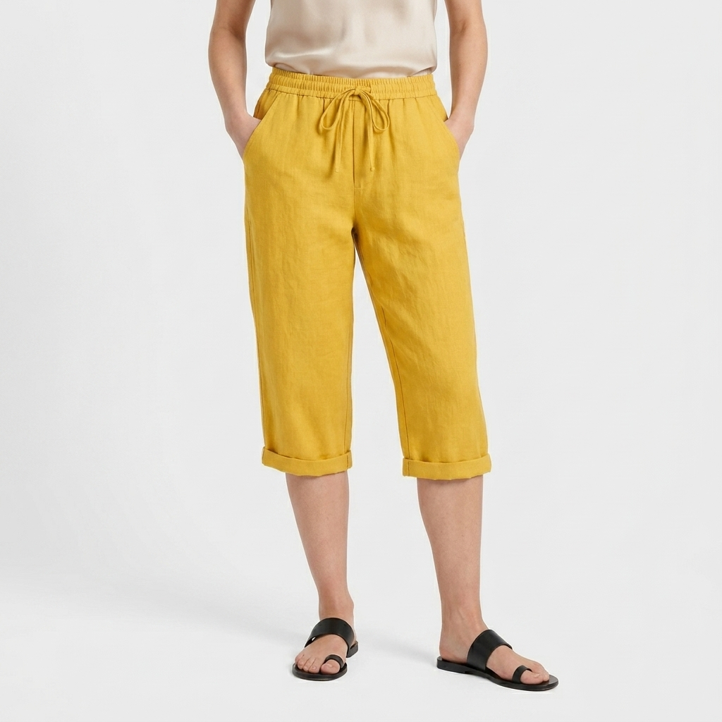 Pantalon Corsaire Lin Taille Élastiquée Poches Pour Femme