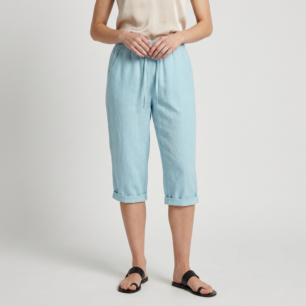 Pantalon Corsaire Lin Taille Élastiquée Poches Pour Femme