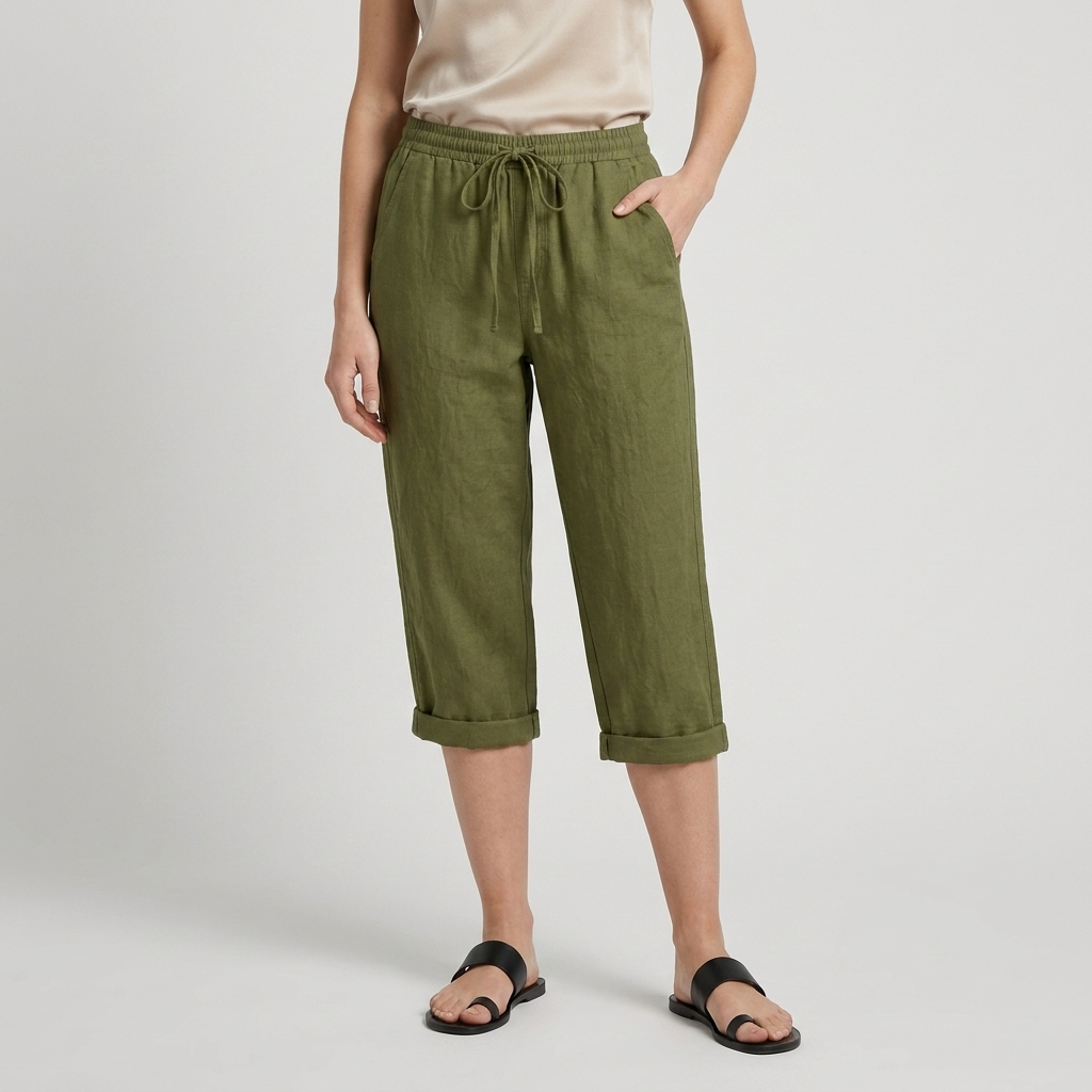 Pantalon Corsaire Lin Taille Élastiquée Poches Pour Femme