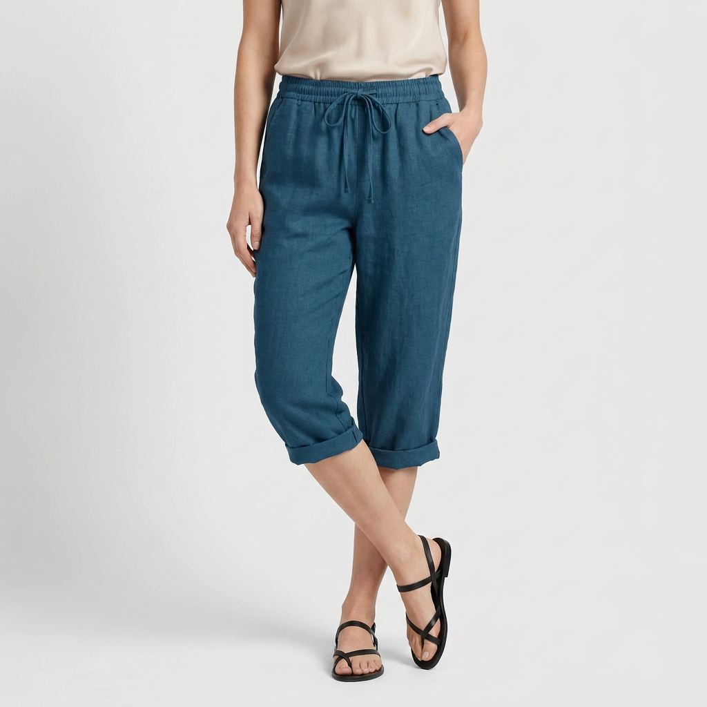 Pantalon Corsaire Lin Taille Élastiquée Poches Pour Femme