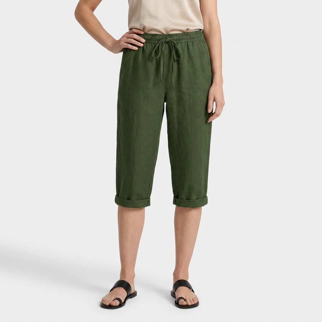 Pantalon Corsaire Lin Taille Élastiquée Poches Pour Femme
