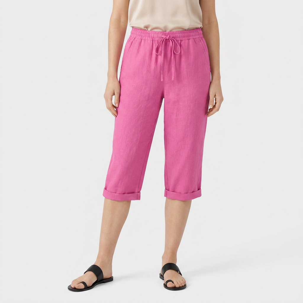 Pantalon Corsaire Lin Taille Élastiquée Poches Pour Femme