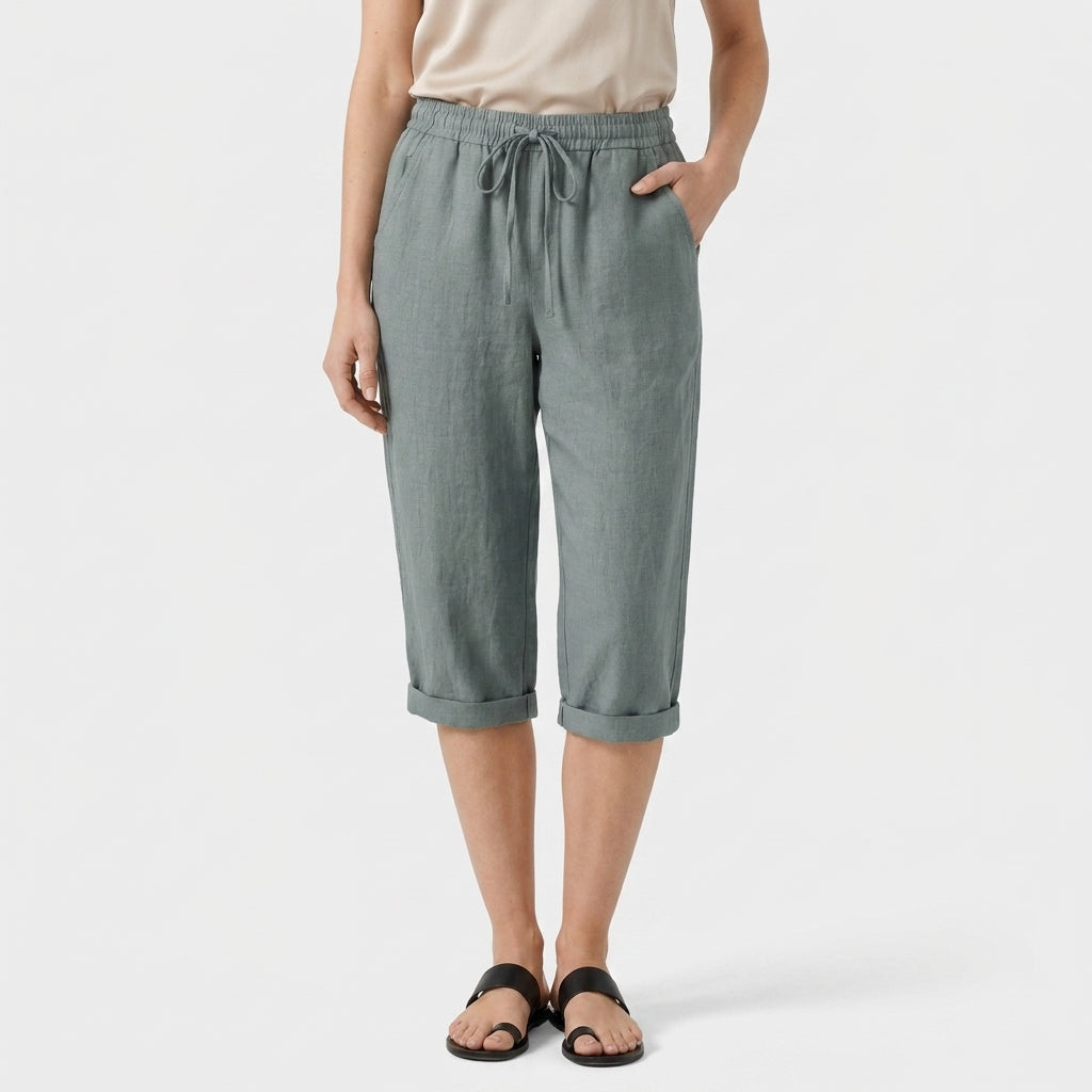 Pantalon Corsaire Lin Taille Élastiquée Poches Pour Femme