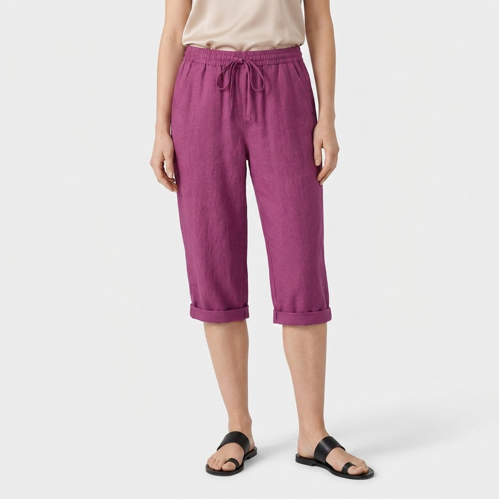 Pantalon Corsaire Lin Taille Élastiquée Poches Pour Femme
