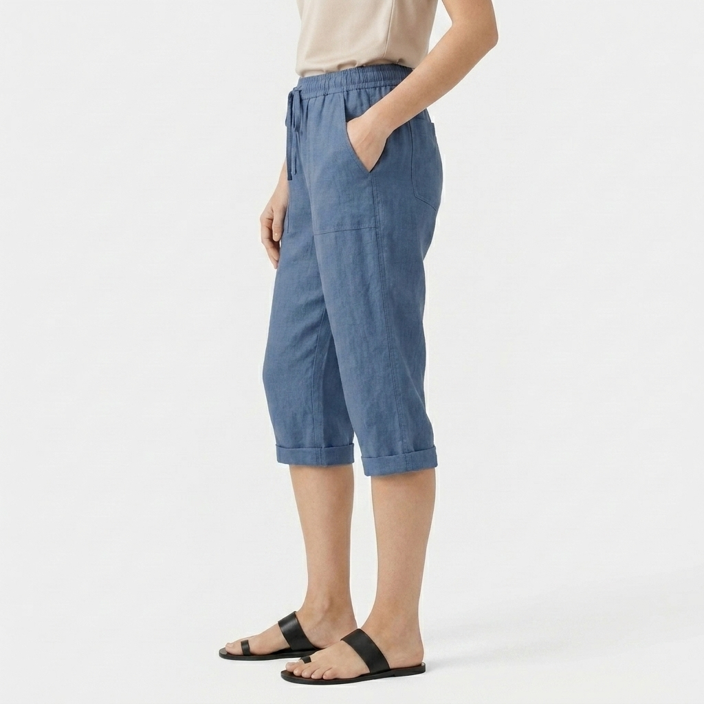 Pantalon Corsaire Lin Taille Élastiquée Poches Pour Femme