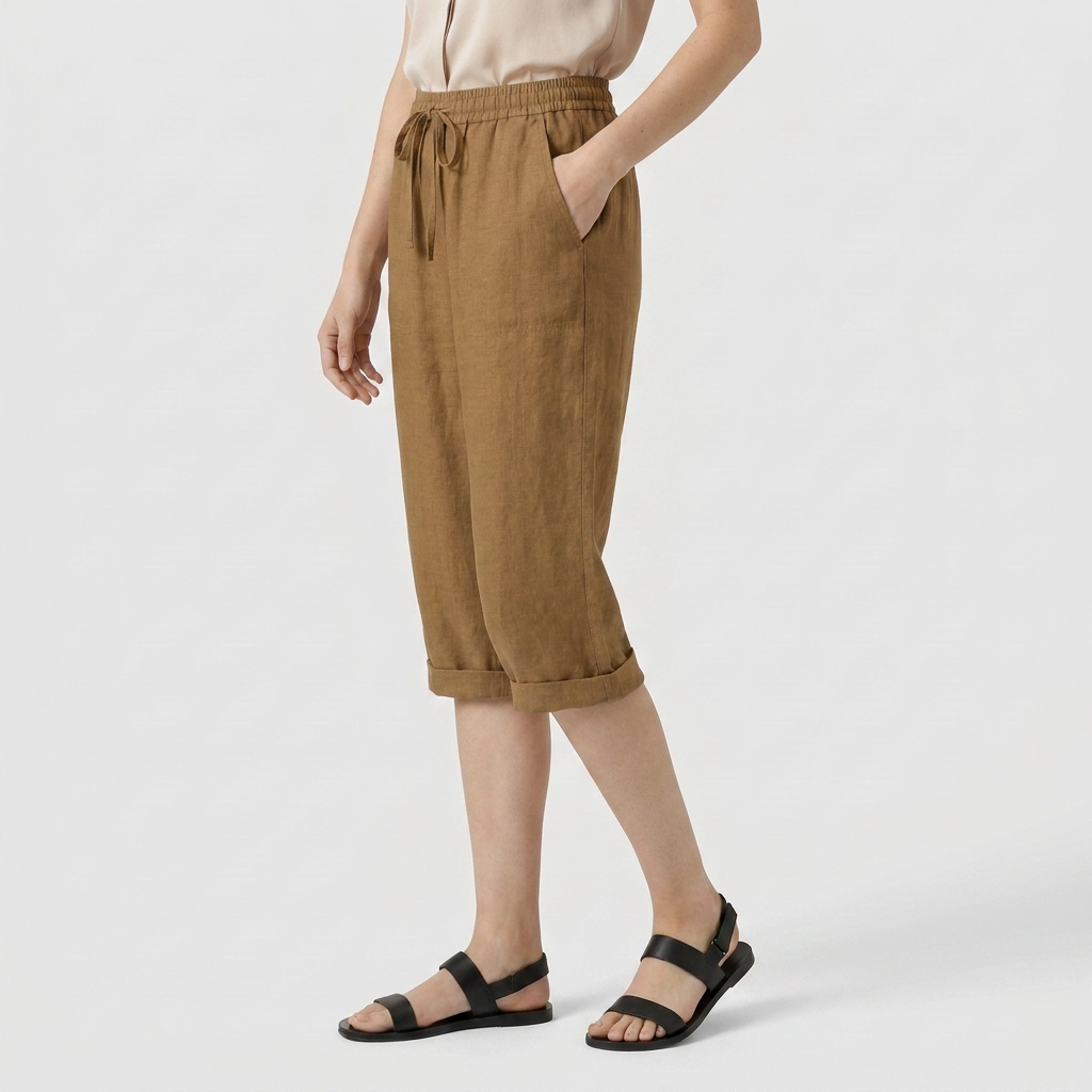 Pantalon Corsaire Lin Taille Élastiquée Poches Pour Femme