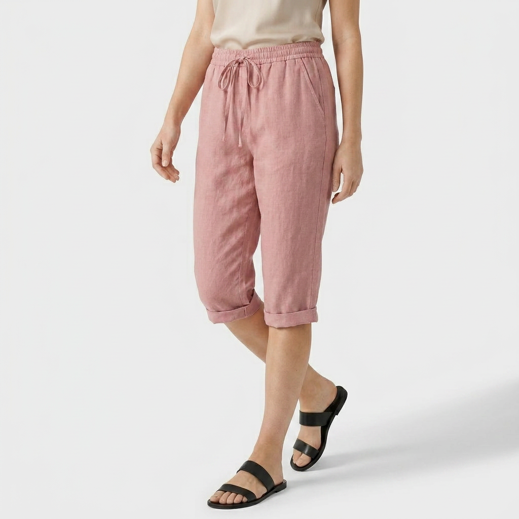 Pantalon Corsaire Lin Taille Élastiquée Poches Pour Femme