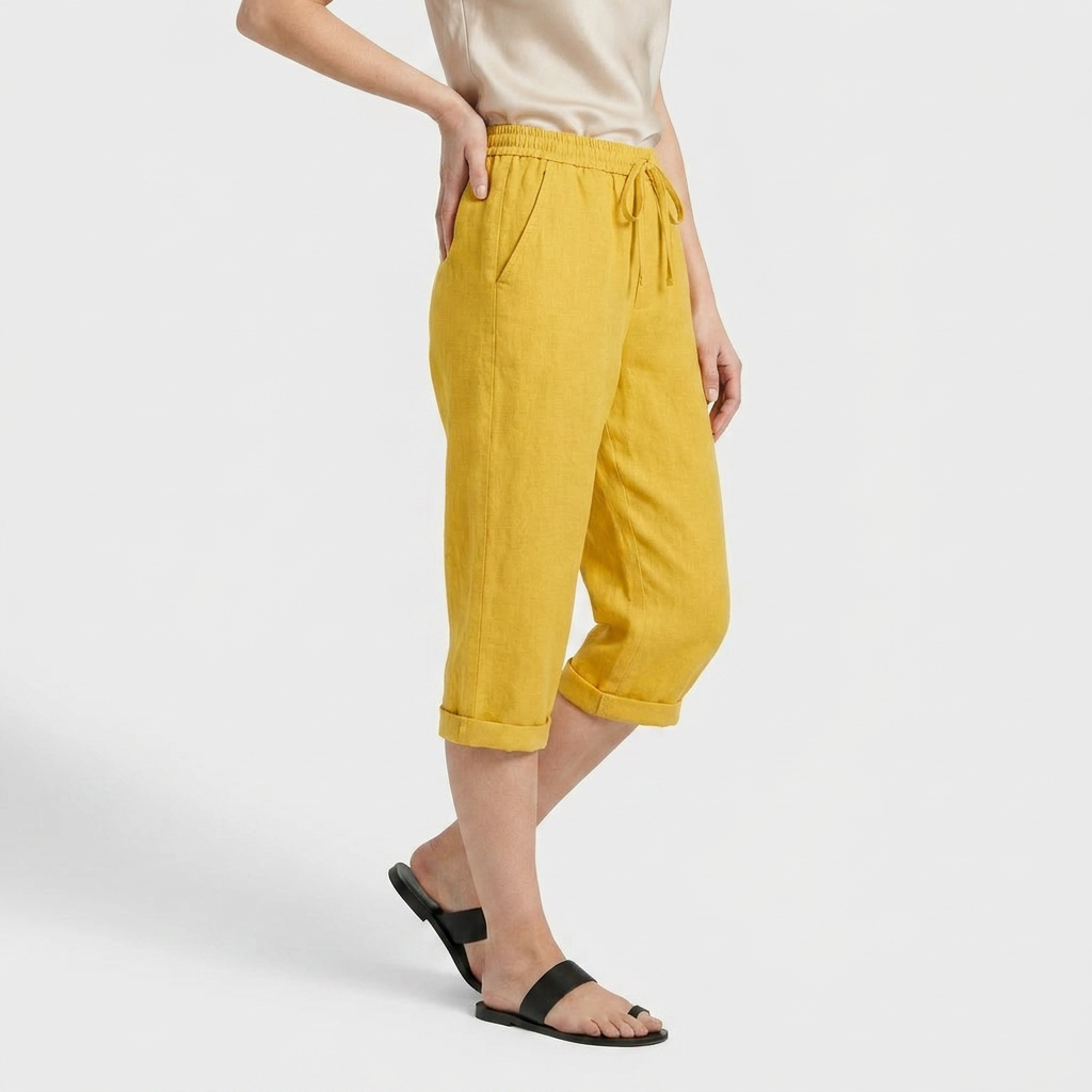 Pantalon Corsaire Lin Taille Élastiquée Poches Pour Femme