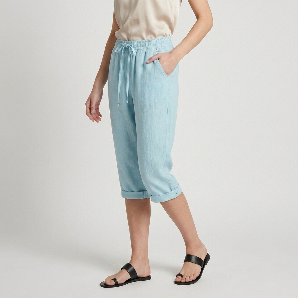 Pantalon Corsaire Lin Taille Élastiquée Poches Pour Femme