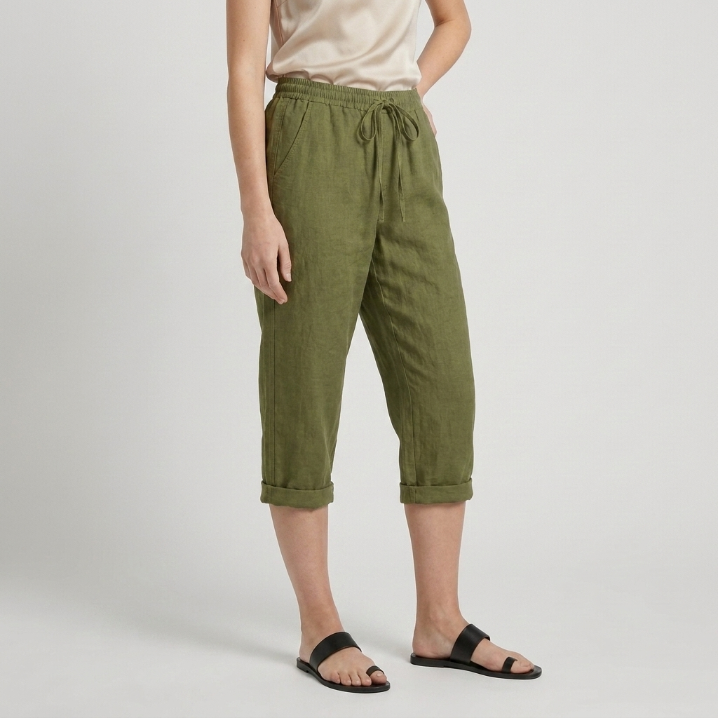 Pantalon Corsaire Lin Taille Élastiquée Poches Pour Femme