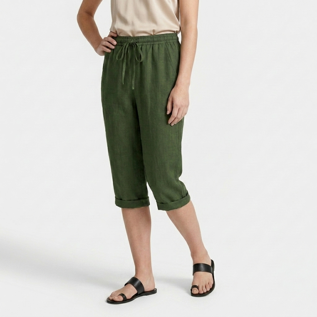 Pantalon Corsaire Lin Taille Élastiquée Poches Pour Femme