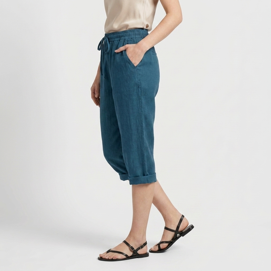Pantalon Corsaire Lin Taille Élastiquée Poches Pour Femme