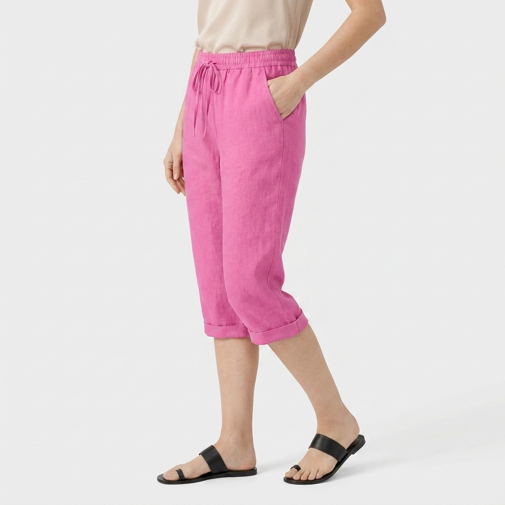 Pantalon Corsaire Lin Taille Élastiquée Poches Pour Femme