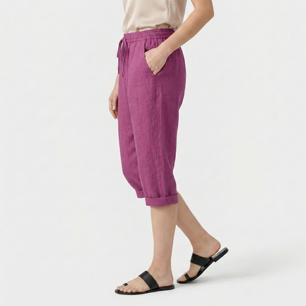 Pantalon Corsaire Lin Taille Élastiquée Poches Pour Femme