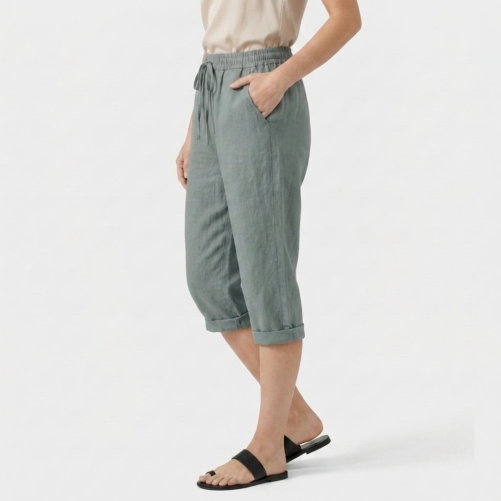 Pantalon Corsaire Lin Taille Élastiquée Poches Pour Femme