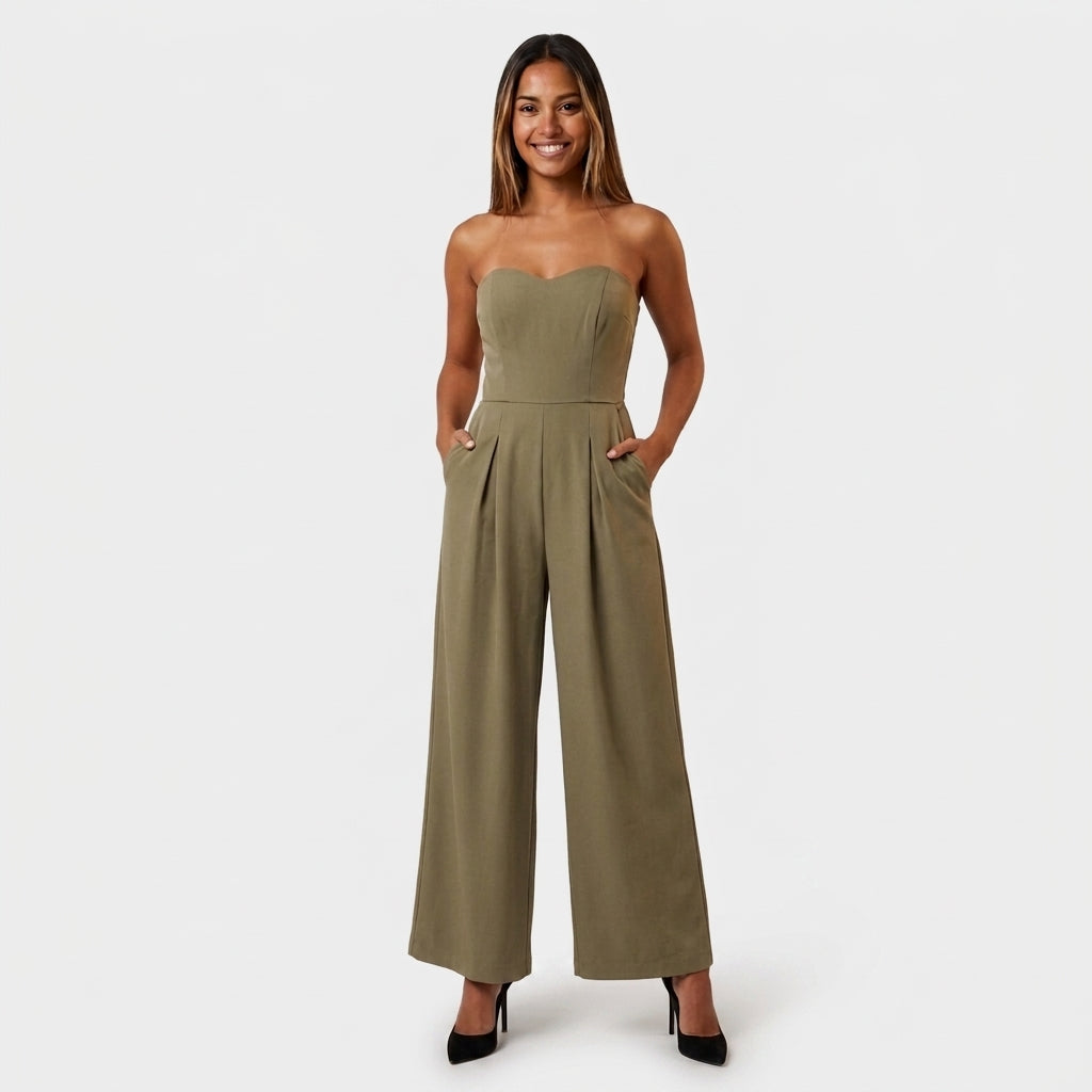 Jumpsuit Bustier Col Cœur Jambes Larges Pour Femme