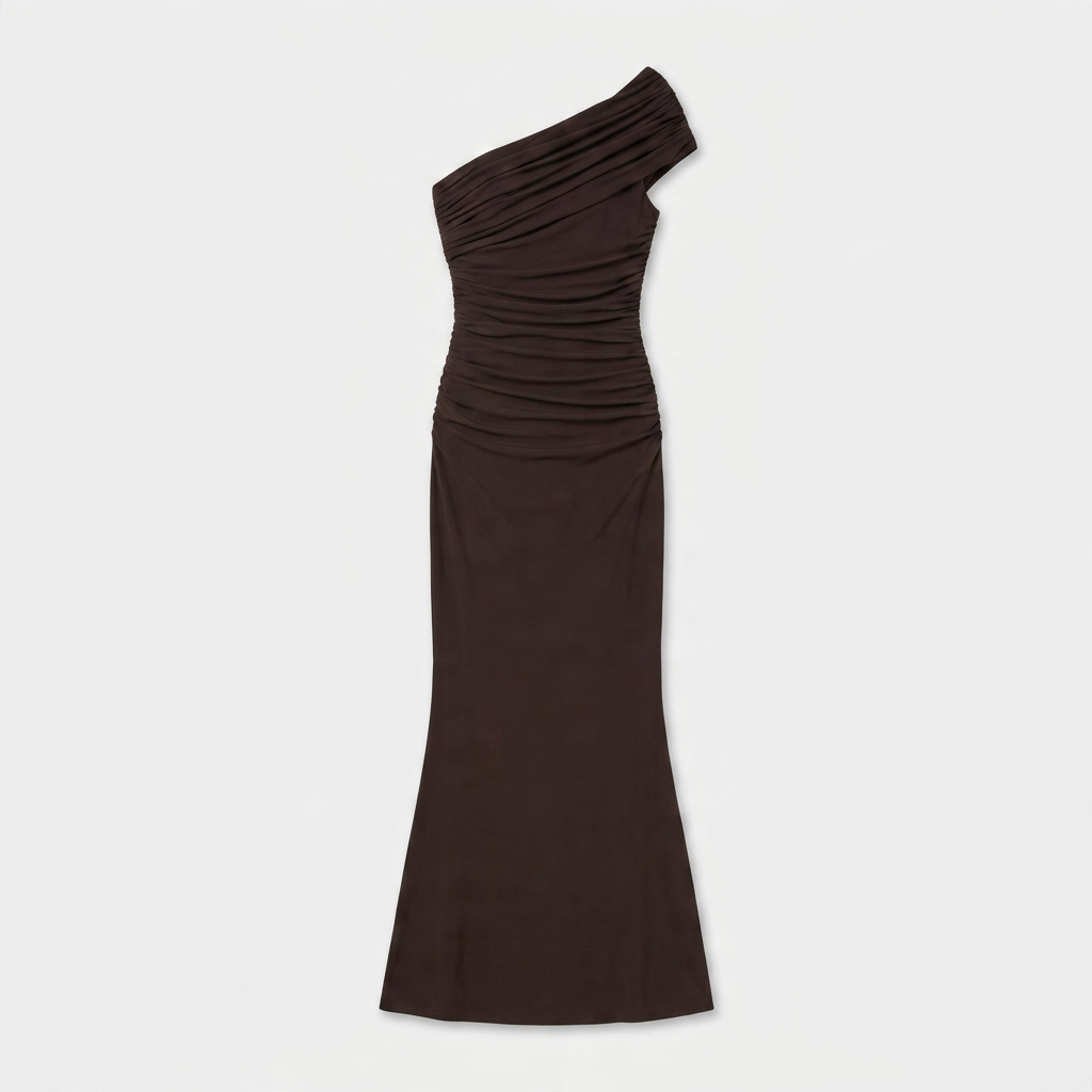 Robe Longue Asymétrique Drapée Une Épaule Pour Femme