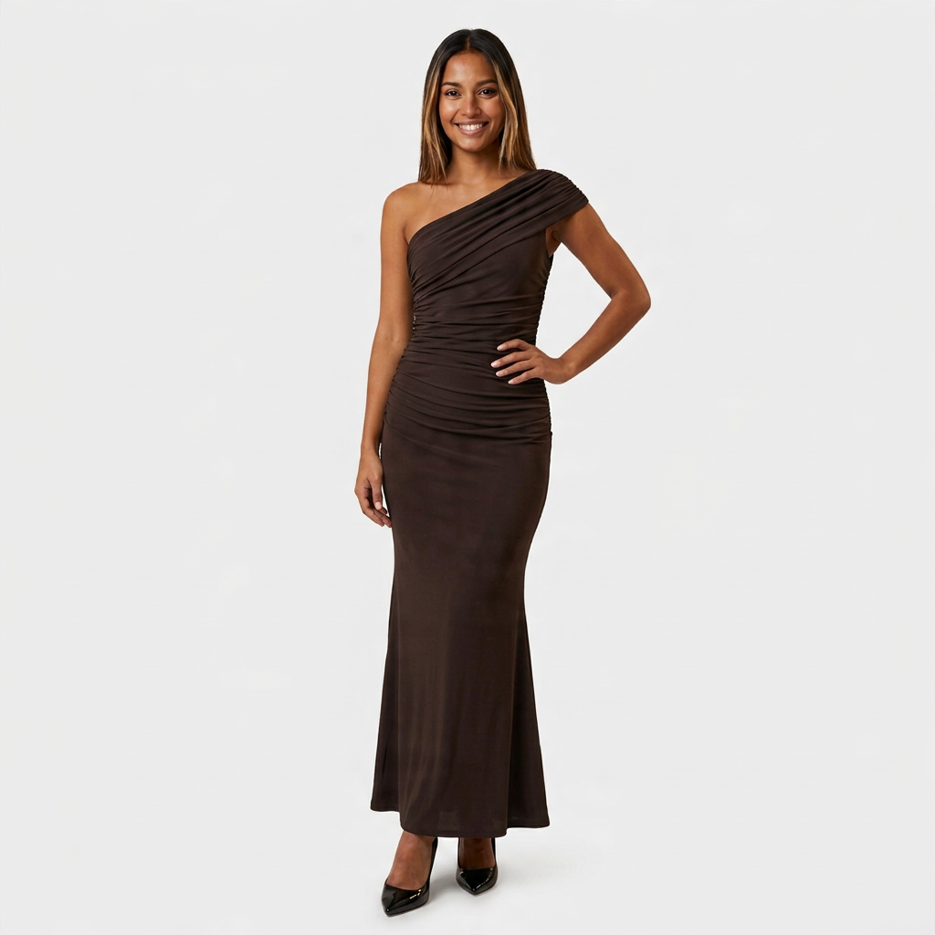 Robe Longue Asymétrique Drapée Une Épaule Pour Femme