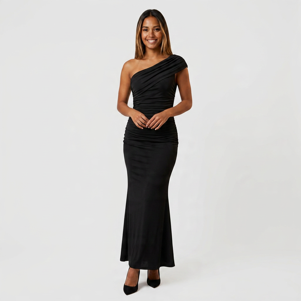 Robe Longue Asymétrique Drapée Une Épaule Pour Femme