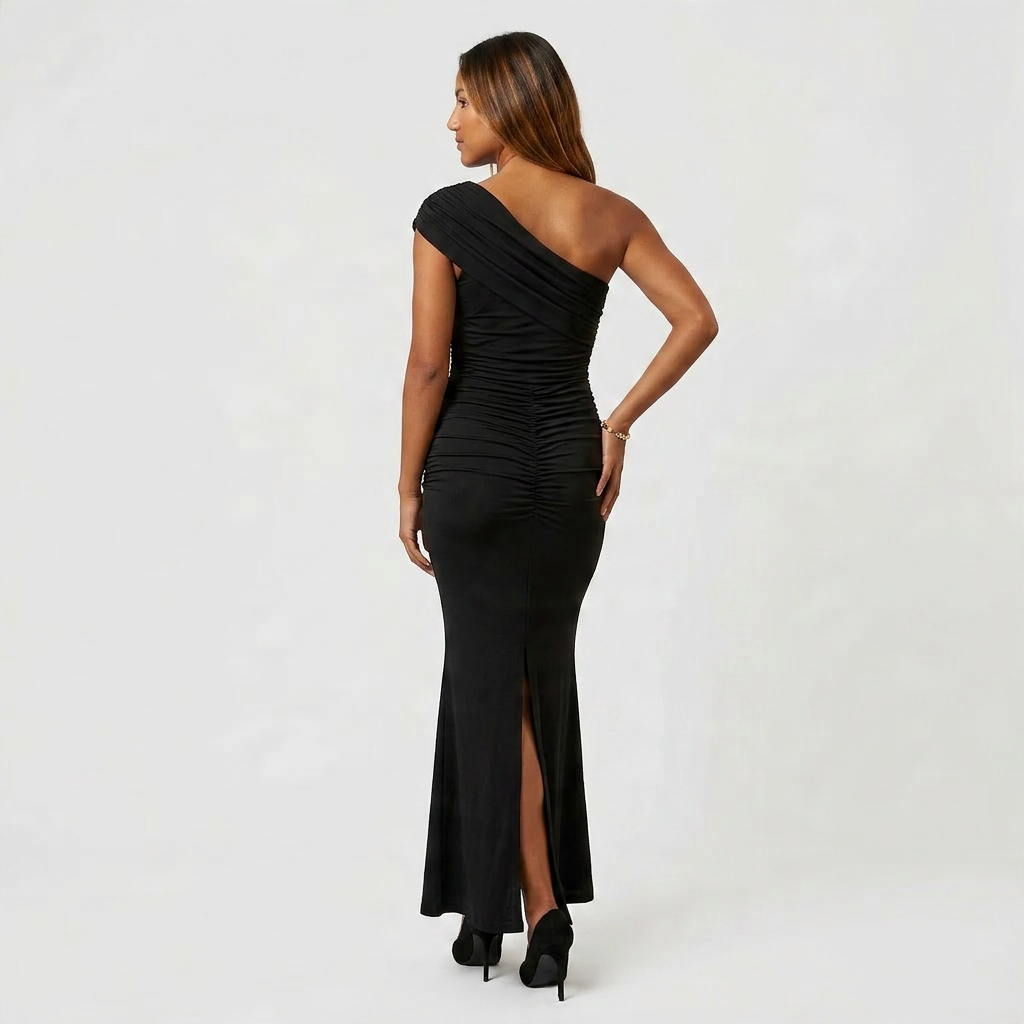 Robe Longue Asymétrique Drapée Une Épaule Pour Femme