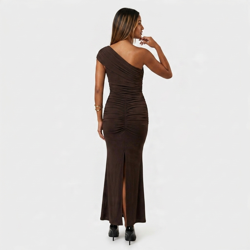 Robe Longue Asymétrique Drapée Une Épaule Pour Femme