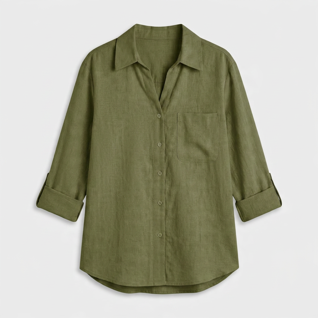Chemise Lin Manches Retroussables Poche Poitrine Pour Femme