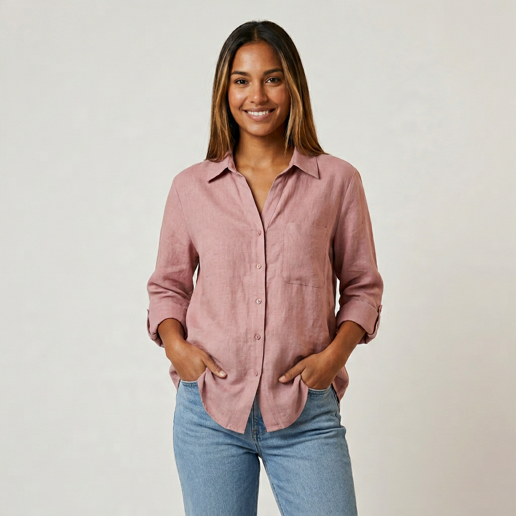 Chemise Lin Manches Retroussables Poche Poitrine Pour Femme