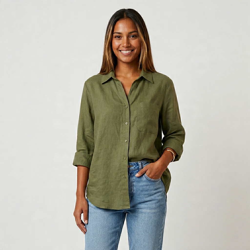 Chemise Lin Manches Retroussables Poche Poitrine Pour Femme
