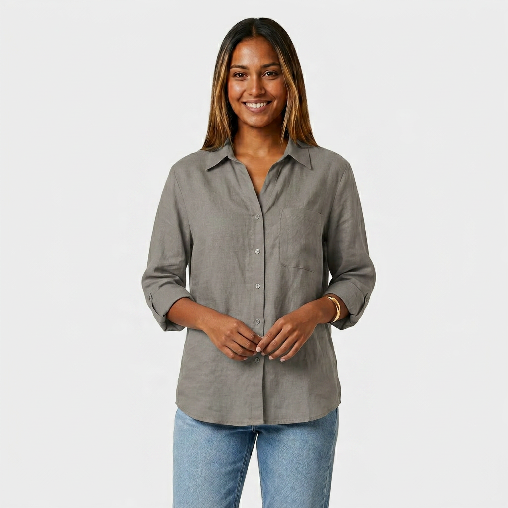 Chemise Lin Manches Retroussables Poche Poitrine Pour Femme