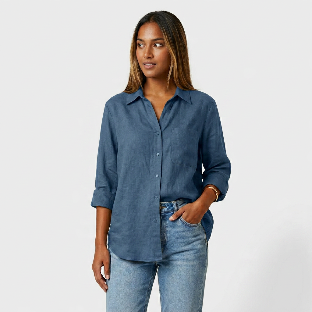 Chemise Lin Manches Retroussables Poche Poitrine Pour Femme