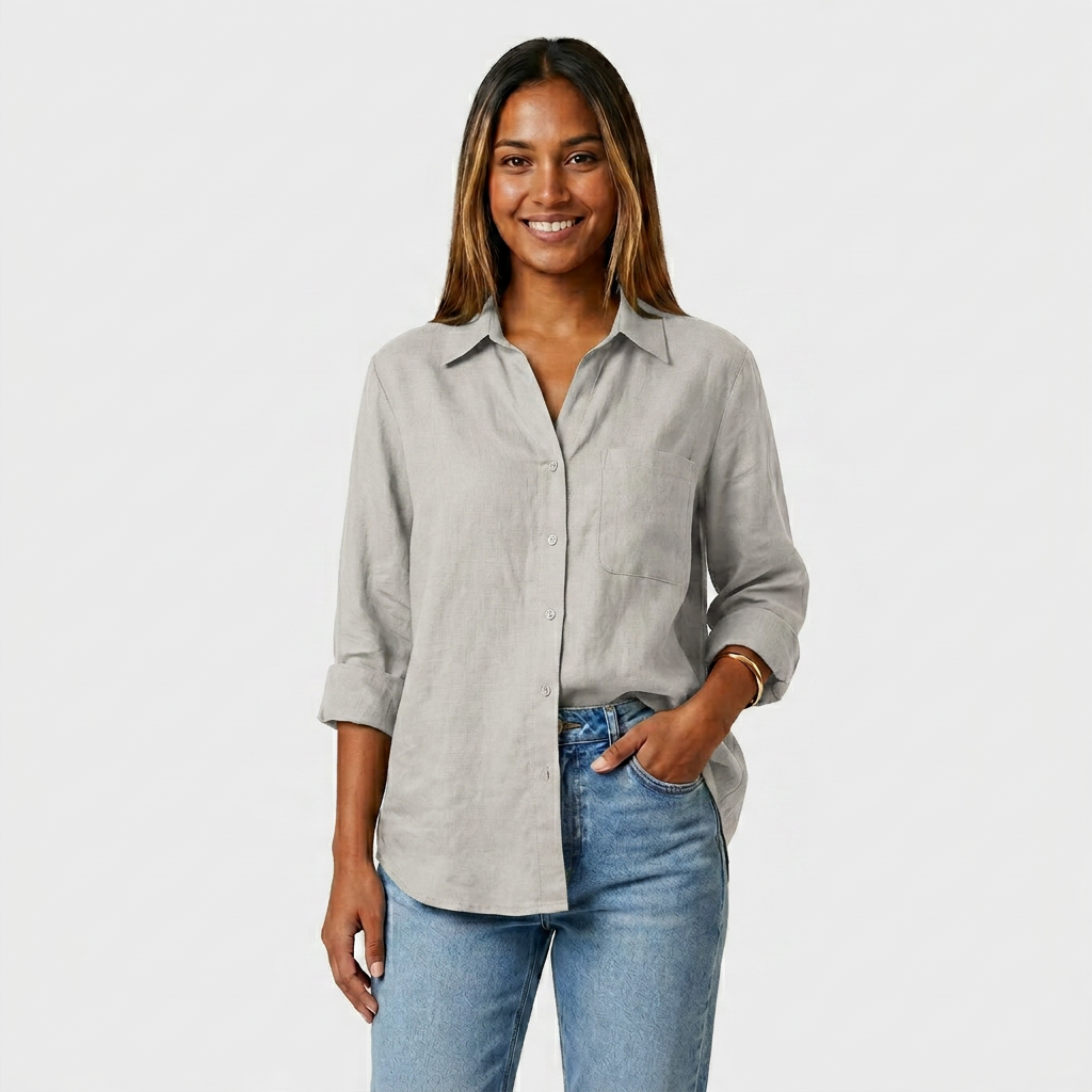 Chemise Lin Manches Retroussables Poche Poitrine Pour Femme