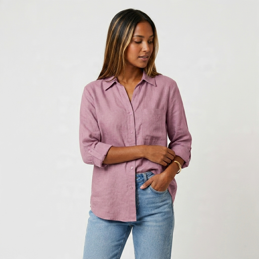 Chemise Lin Manches Retroussables Poche Poitrine Pour Femme