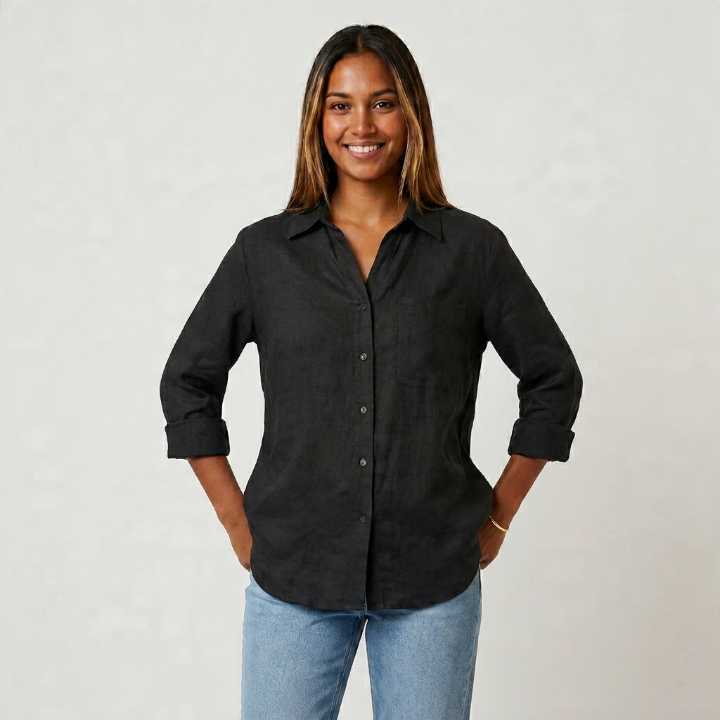 Chemise Lin Manches Retroussables Poche Poitrine Pour Femme